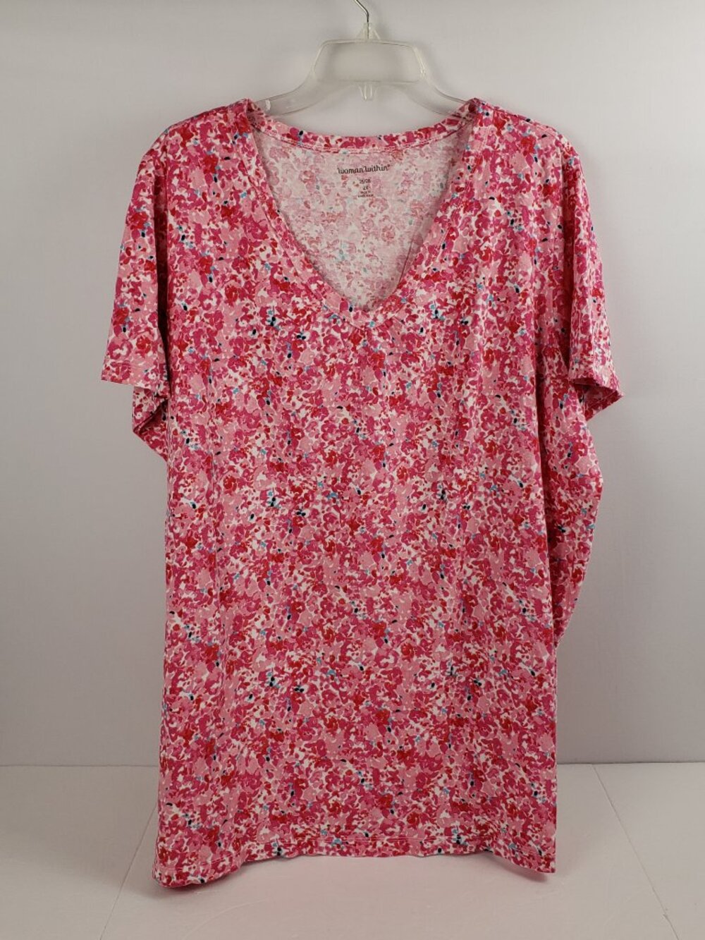 Woman Within 2X Top Pink Blue Floral V-neck Short Sleeve Womens Plus Blouse